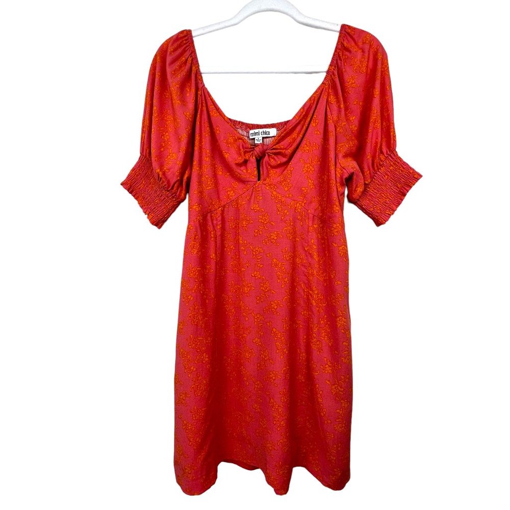 MIMI CHICA Womens L Scoop Neck Floral Smocked Sleeves Dress Pockets